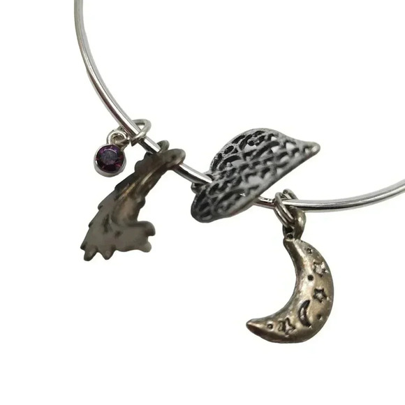 Moon Purple Stone Filigree Heart Charm Bangle Bracelet Silver Tone Vintage - Picture 3 of 5